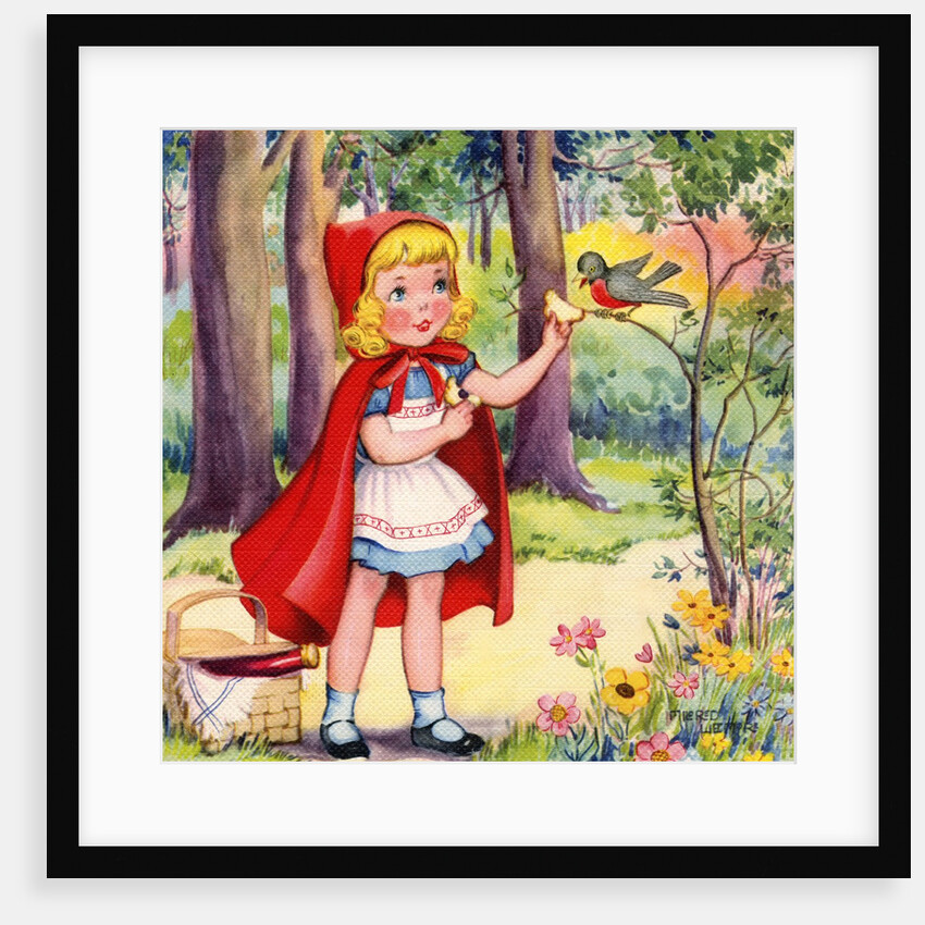 Little Red Riding Hood feeding robin by Anonymous