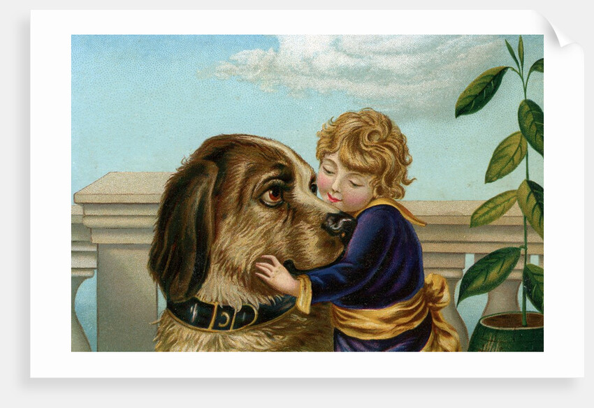 Boy hugging large dog by Anonymous