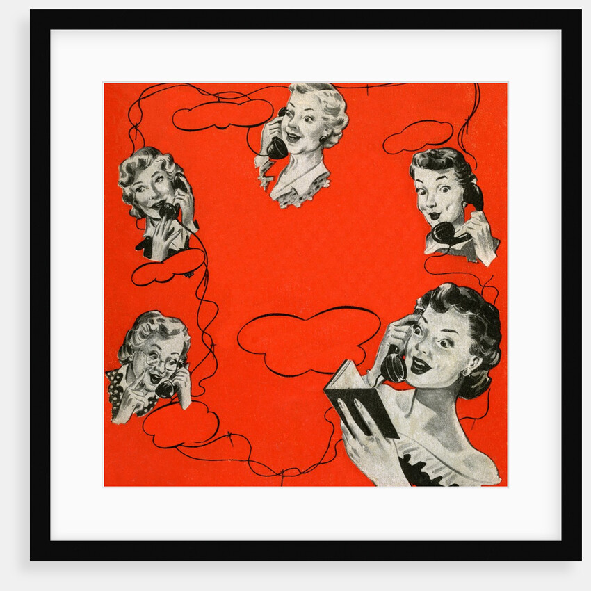 Vintage iIllustration with five housewives talking on telephones by Anonymous