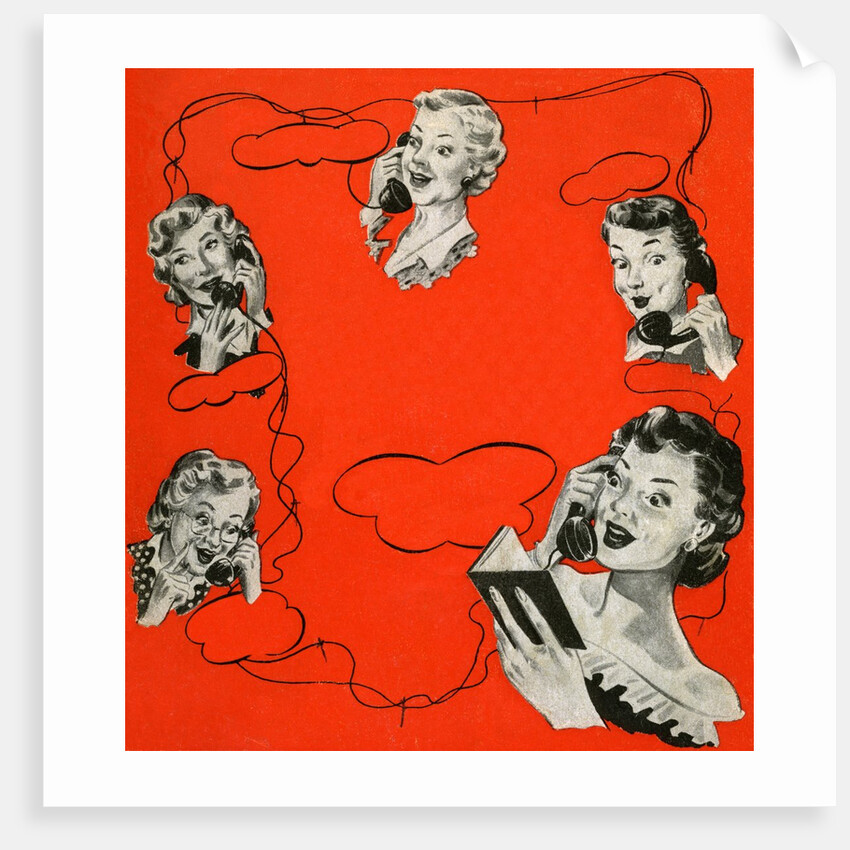 Vintage iIllustration with five housewives talking on telephones by Anonymous