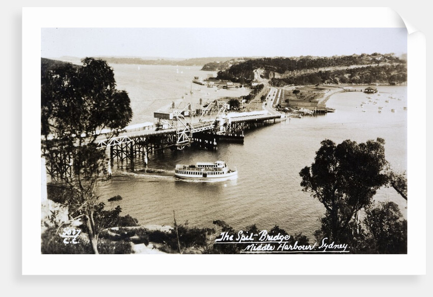 Sydney Spit Bridge, Middle Harbour, Sydney, New South Wales, Australia in 1924. The bridge shown is a wooden lifting bridge. On the road, there are cars of the period. by Anonymous