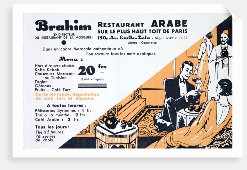 Flyer for the Moroccan restaurant Brahim showing women in inter-war dresses in a room with Middle-Eastern furniture and decor by Anonymous