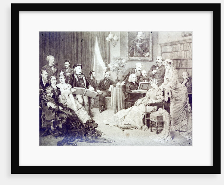 1870's musical soirée. List is at the piano and Wagner is reading the score. Other musicaians and their families are gathered around. by Anonymous