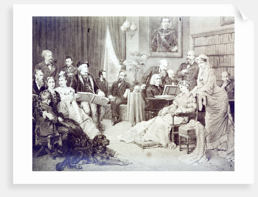 1870's musical soirée. List is at the piano and Wagner is reading the score. Other musicaians and their families are gathered around. by Anonymous