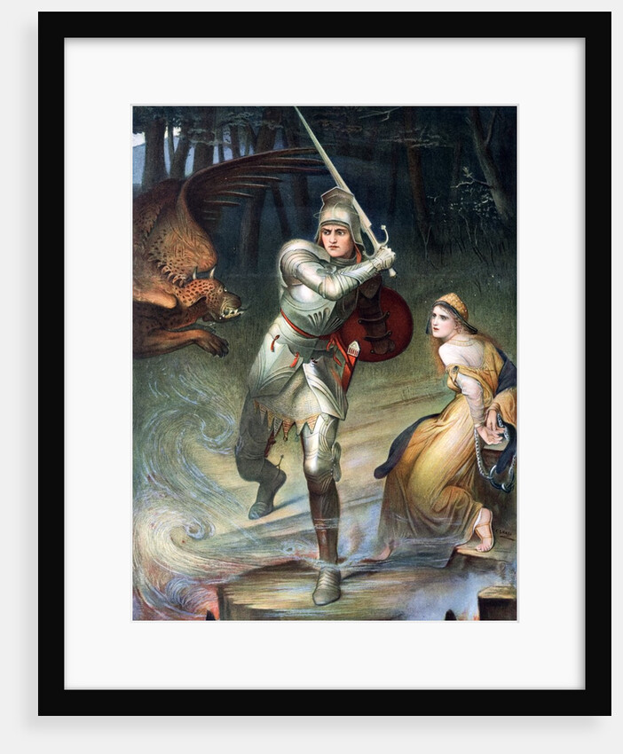 St. George resucing a handcuffed maiden threatened by a dragon. From a painting by Halle, published in Boy's Own Paper c 1905. by Anonymous
