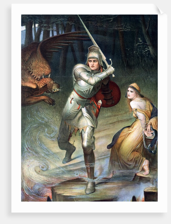 St. George resucing a handcuffed maiden threatened by a dragon. From a painting by Halle, published in Boy's Own Paper c 1905. by Anonymous