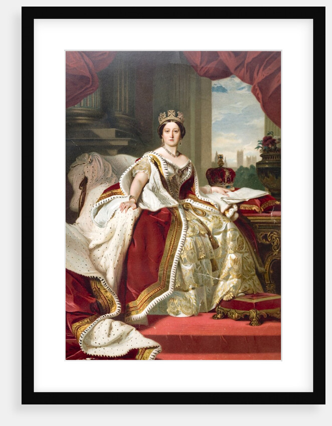 Painting by Winterhalter of Queen Victoria in her state robes. Westminster Abbey and the palace of Westminster can be seen in the background. by Anonymous