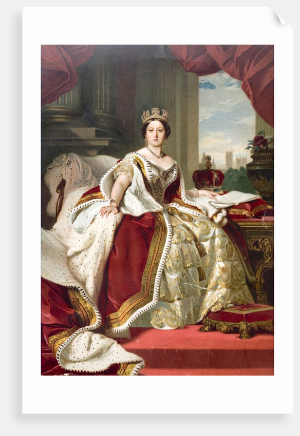Painting by Winterhalter of Queen Victoria in her state robes. Westminster Abbey and the palace of Westminster can be seen in the background. by Anonymous