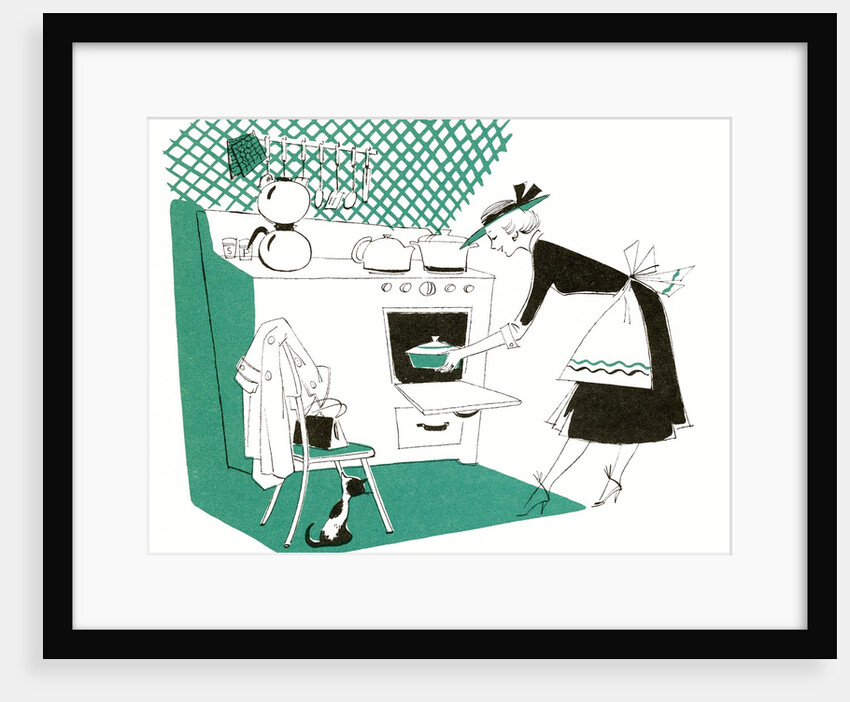 Illustration of housewife placing casserole in oven by Anonymous