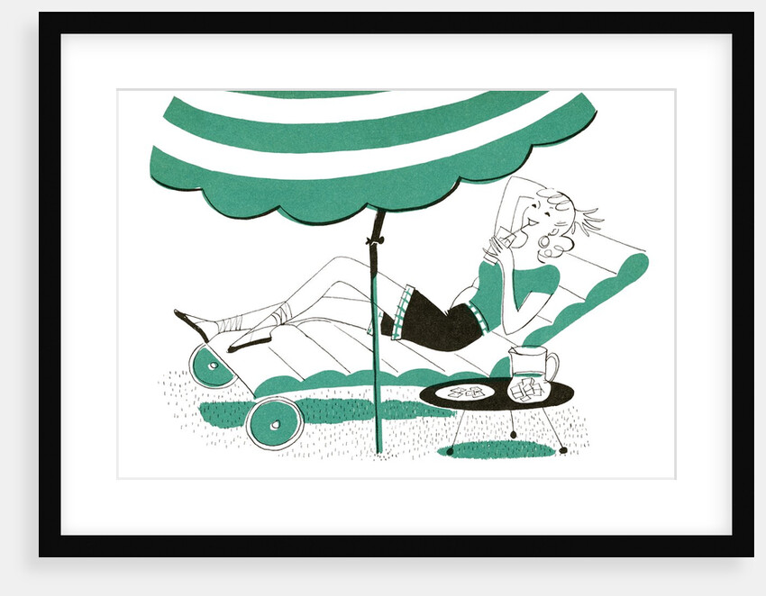 Illustration of a young woman relaxing in chaise longue by Anonymous