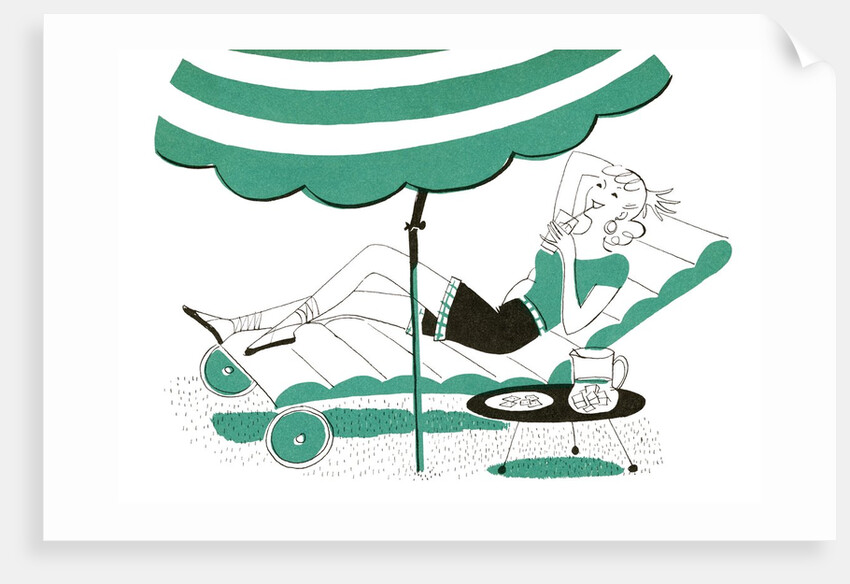 Illustration of a young woman relaxing in chaise longue by Anonymous
