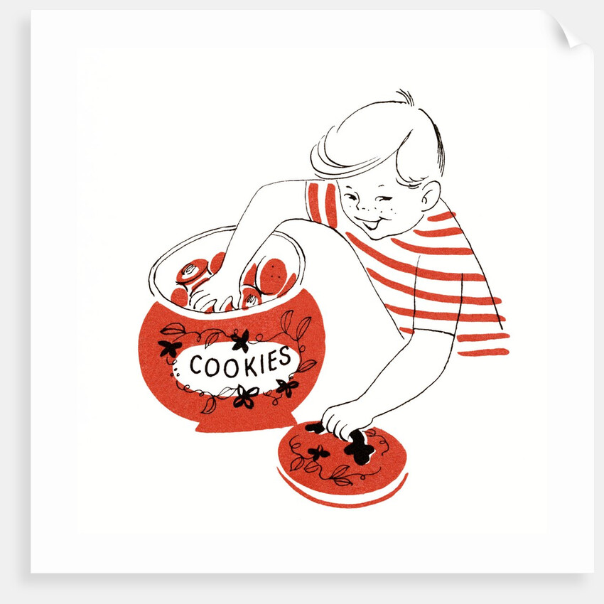 Illustration of a young boy with his hand in the cookie jar by Anonymous