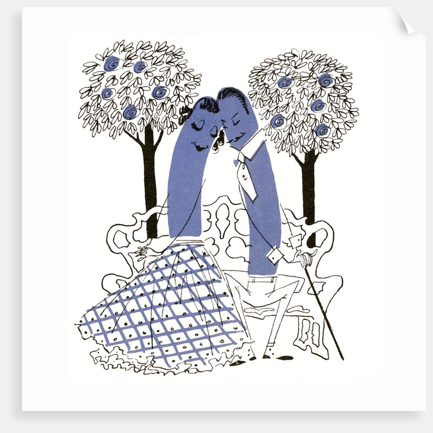 Illustration of romantic hot dog couple sitting on a park bench by Anonymous