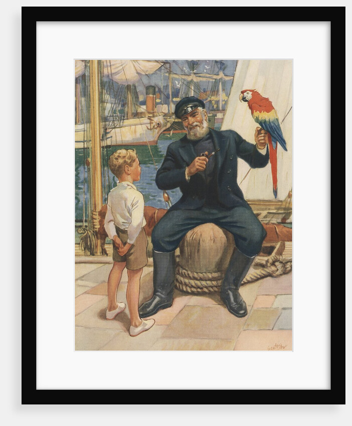 Little boy talking to sailor with parrot by Anonymous