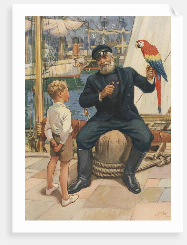 Little boy talking to sailor with parrot by Anonymous