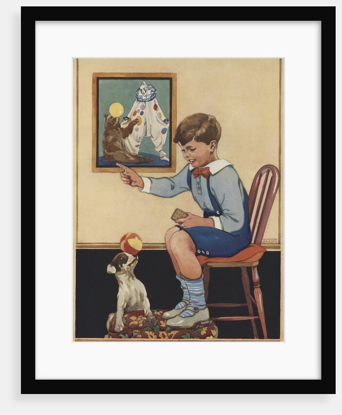 Boy teaching dog trick by Anonymous