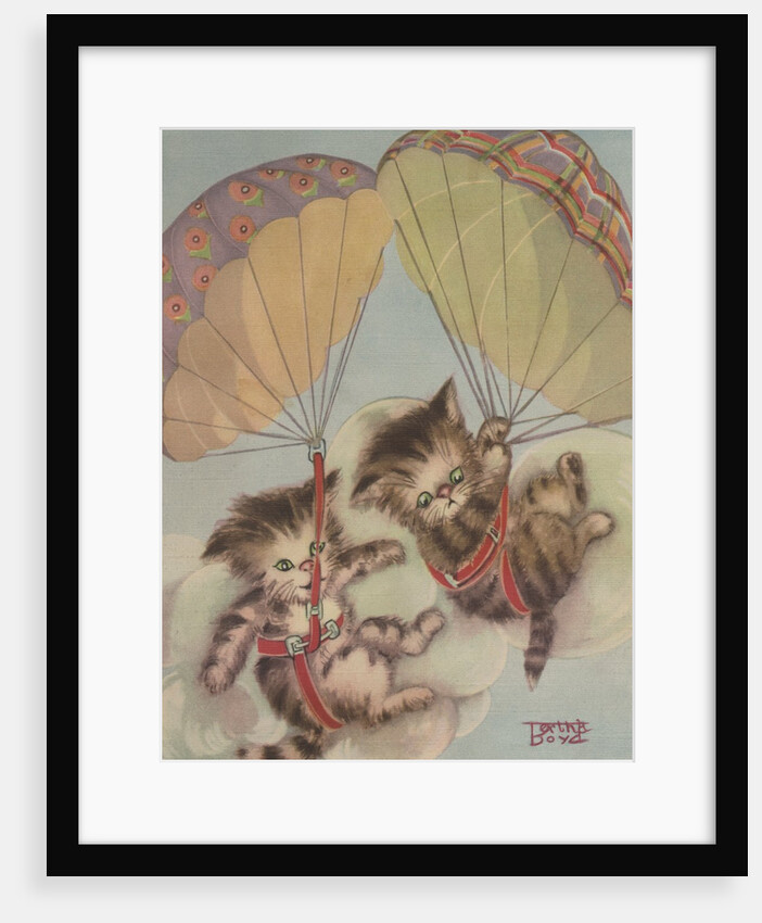 Two kittens floating down in parachutes by Anonymous