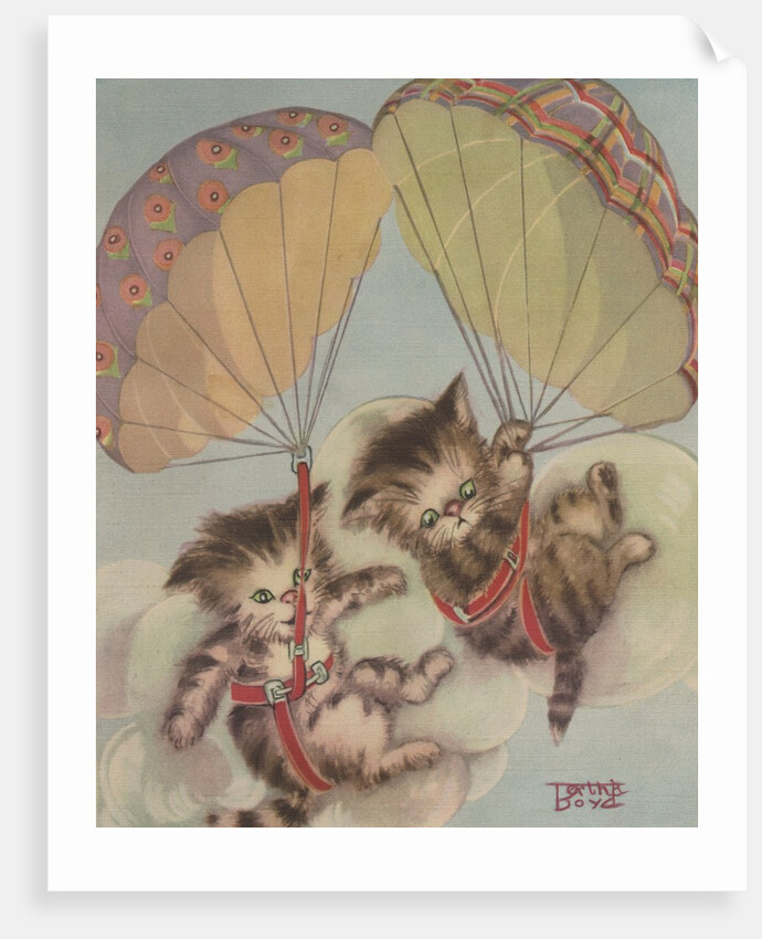 Two kittens floating down in parachutes by Anonymous