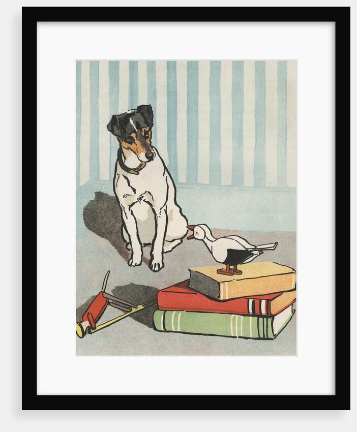 Dog looking at toy duck by Anonymous