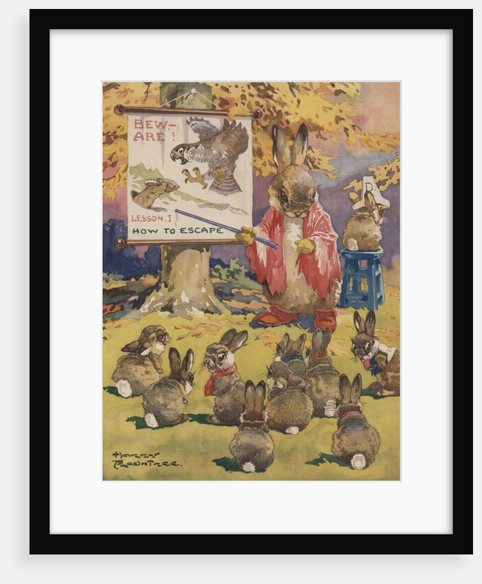 Rabbit teacher instructing young rabbits on how to escape danger by Anonymous