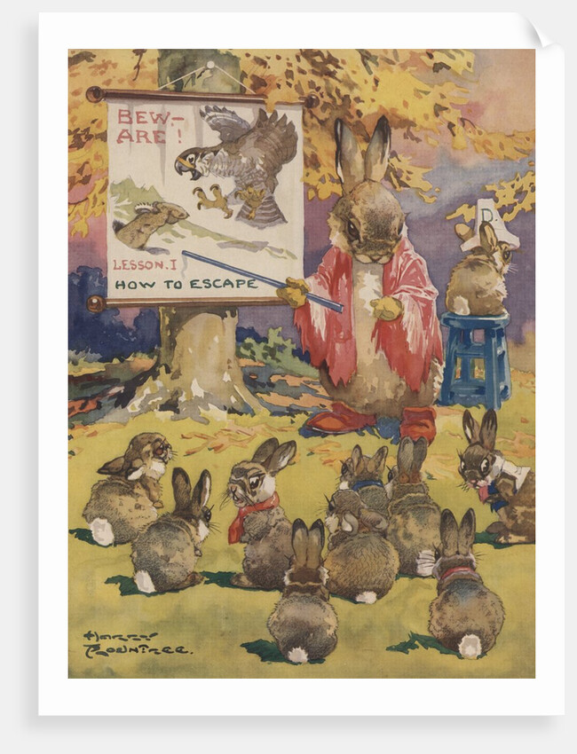 Rabbit teacher instructing young rabbits on how to escape danger by Anonymous