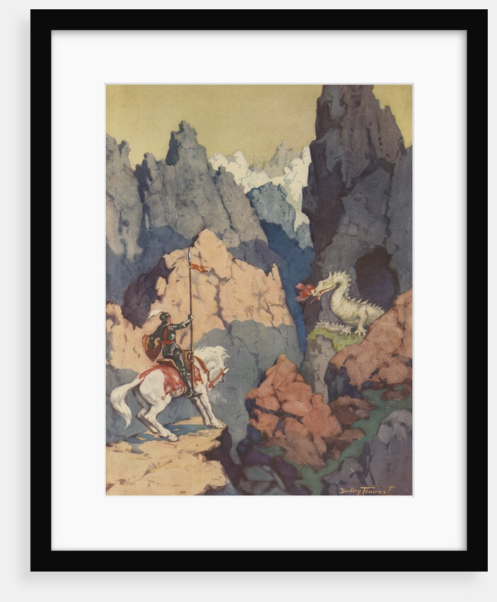Knight on horse encountering dragon in mountains by Anonymous
