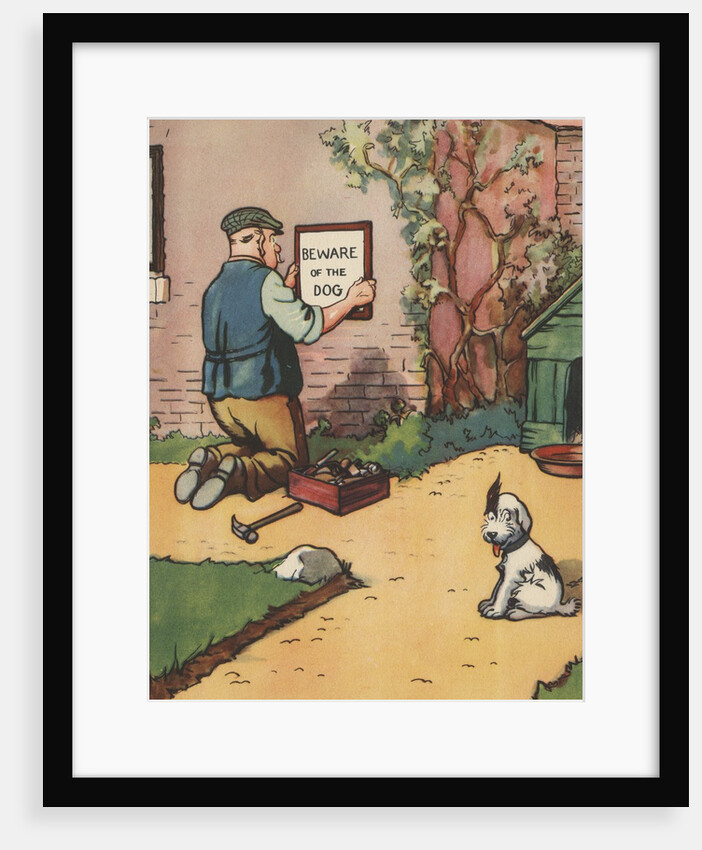 Man putting up "Beware of Dog" sign by Anonymous