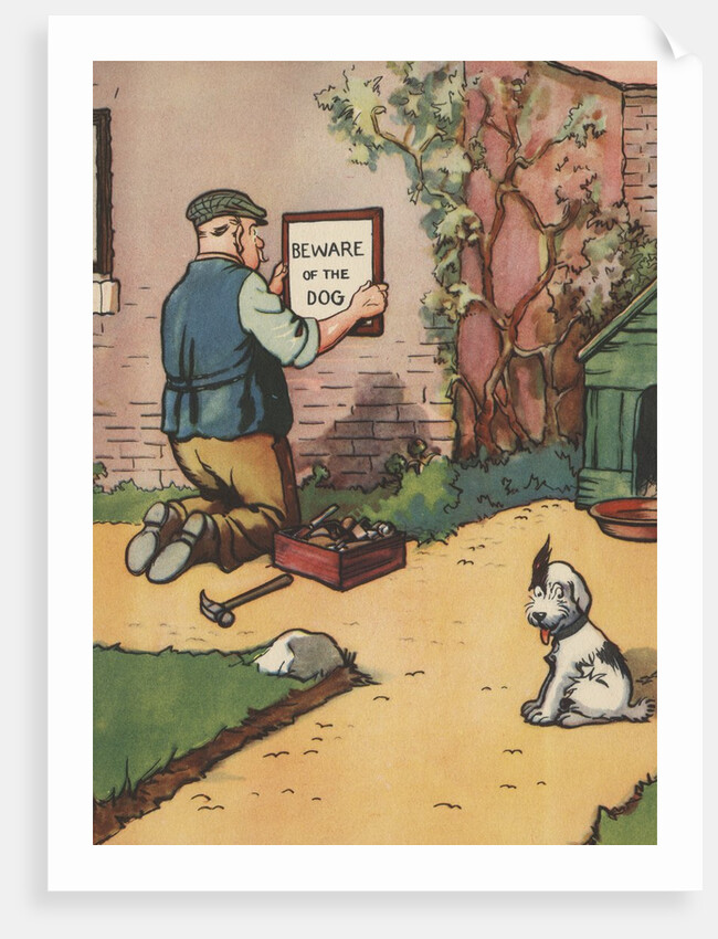 Man putting up "Beware of Dog" sign by Anonymous