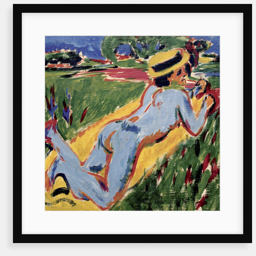 Reclining Nude in Blue with Straw Hat by Ernst Ludwig Kirchner