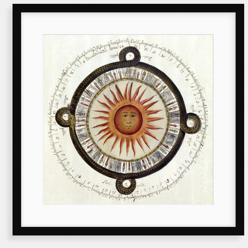 Drawing of the Aztec sun calendar stone in Mexico by Anonymous