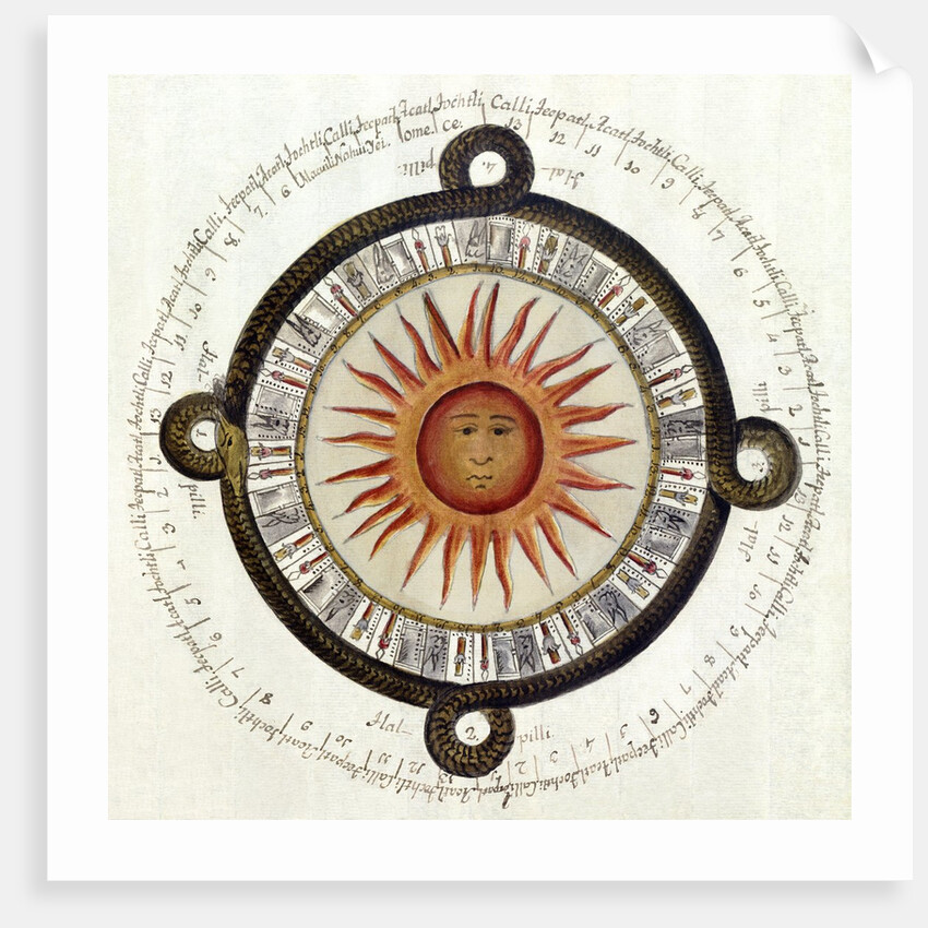 Drawing of the Aztec sun calendar stone in Mexico by Anonymous
