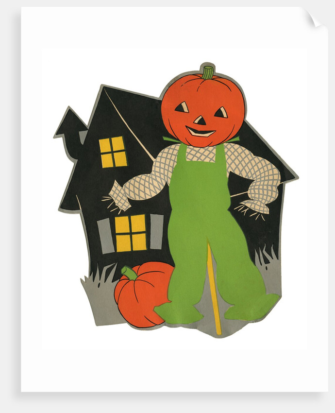 Pumpkin scarecrow and haunted house by Anonymous
