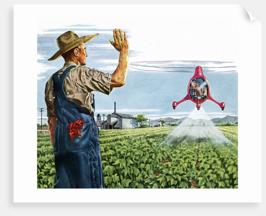 Farmer waving to a crop duster by Anonymous