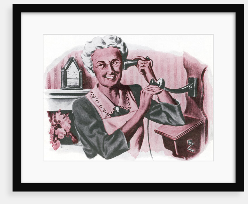 Grandmother on a crank wall telephone by Anonymous