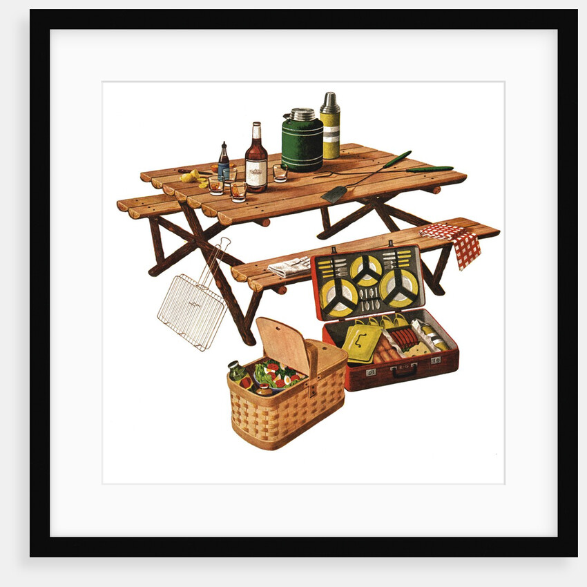 Picnic table with picnic basket and dish set by Anonymous