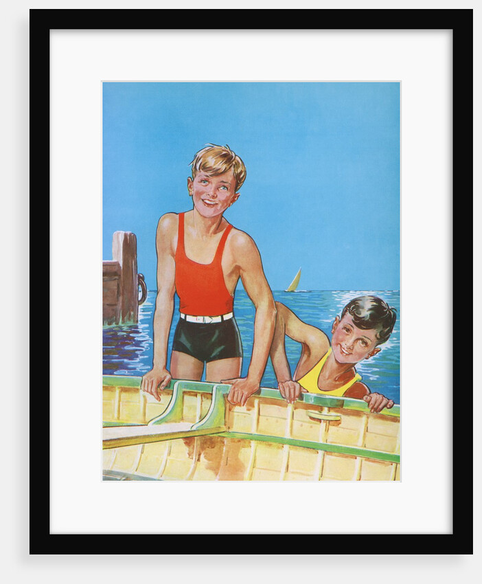Two young boys playing in wooden boat by Anonymous