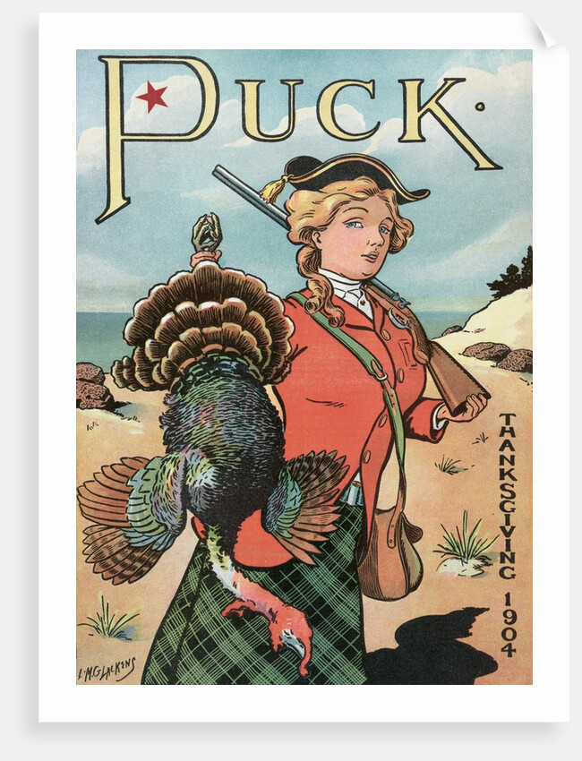 Woman hunter holding a Thanksgiving turkey by Anonymous