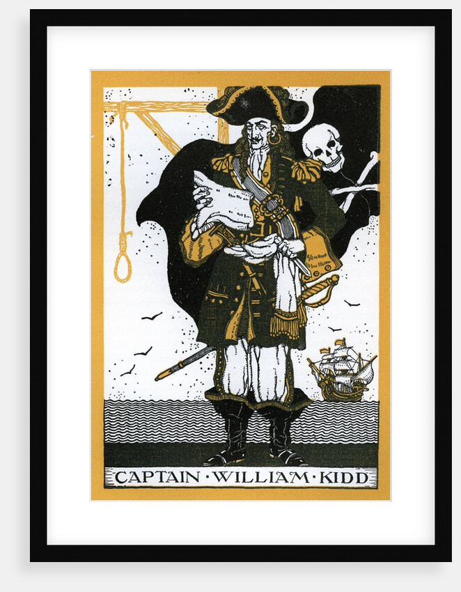 Captain William Kidd with pirate flag and noose by Anonymous
