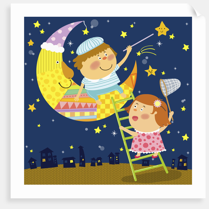 The image of children playing with moon and star by Anonymous