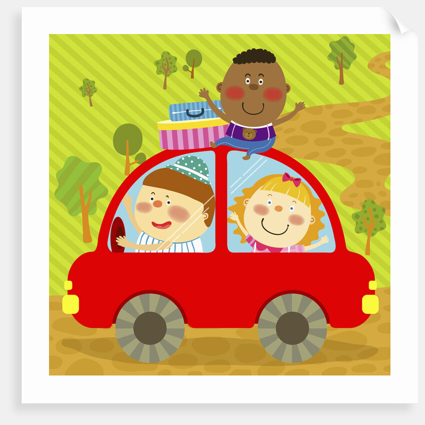 The image of children riding on the red car by Anonymous