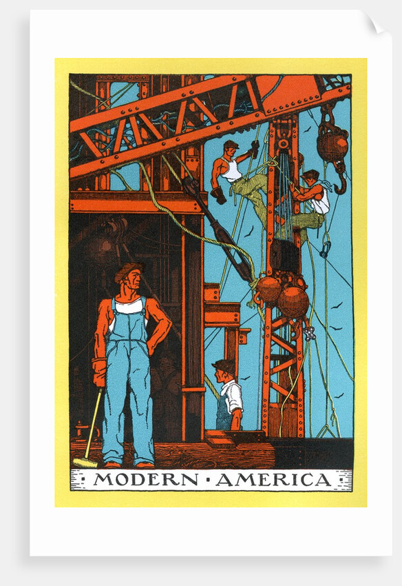 Muscular laborers constructing bridge by Anonymous