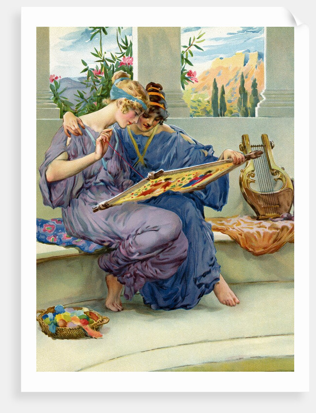 Two Greek beauties sewing on a terrace by Anonymous