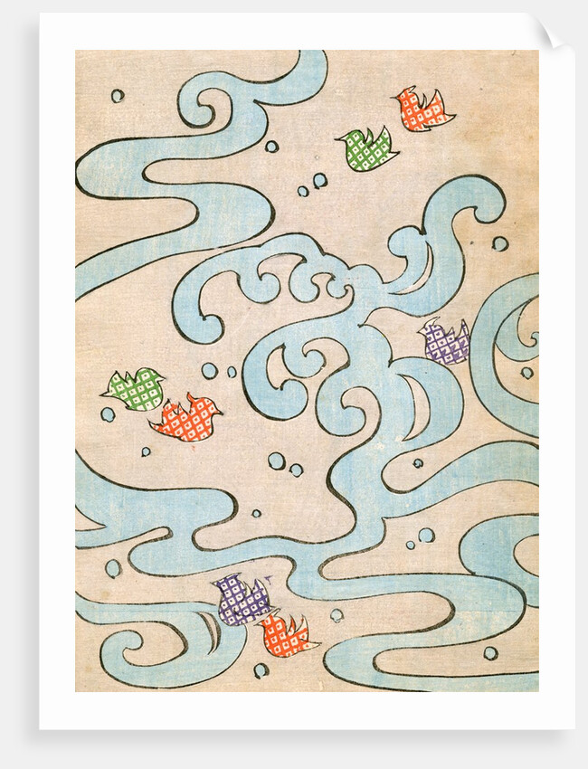 Woodblock print of stylized birds flying over water by Anonymous