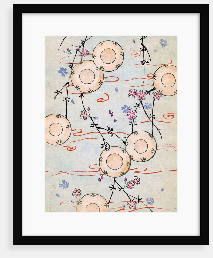 Woodblock print of lanterns in a blooming cherry tree by Anonymous