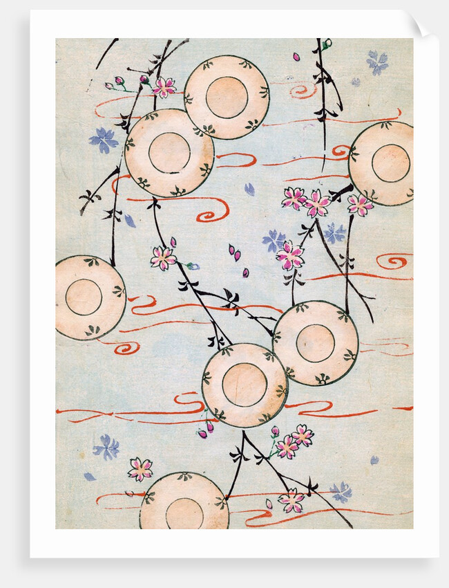 Woodblock print of lanterns in a blooming cherry tree by Anonymous
