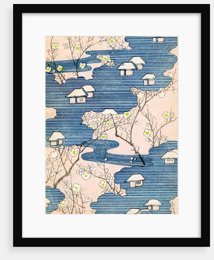 Woodblock print of country cottages with rivers and cherry blossoms by Anonymous
