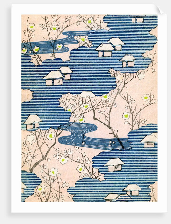 Woodblock print of country cottages with rivers and cherry blossoms by Anonymous