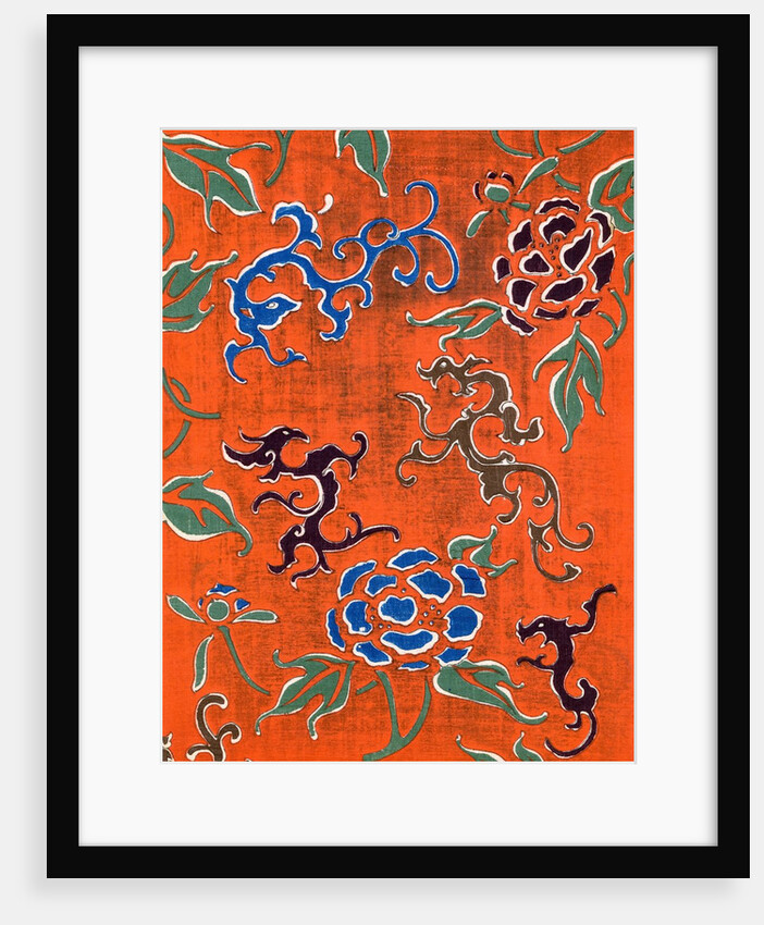 Woodblock print of dragon motifs and chrysanthemum blossoms by Anonymous