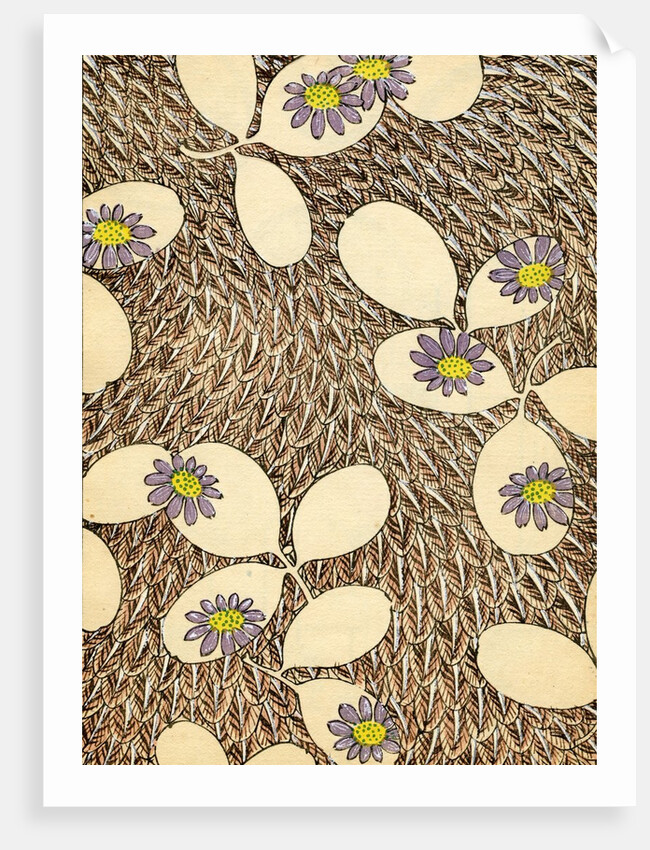 Woodblock print of leaves and blossoms on a feather background by Anonymous