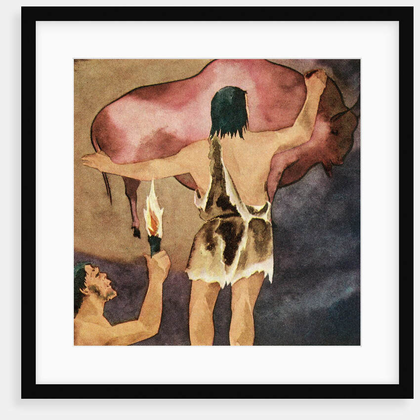 Prehistoric man drawing bison in a cave by Anonymous